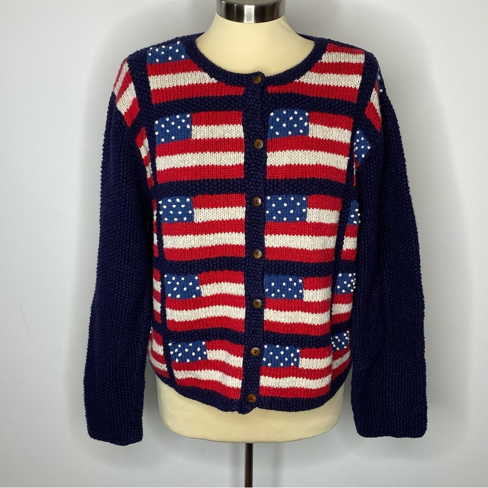 Marisa Christina Knitted By Hand American Flag Button Front Cardigan Sweater